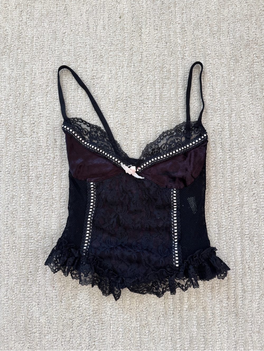 Nan Flower Vintage Lingerie Lace Trim Black Crop Top Corset with Satin Accent